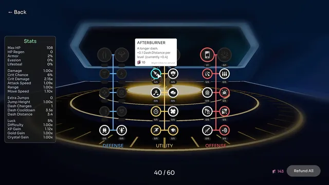 The skill tree in the hub